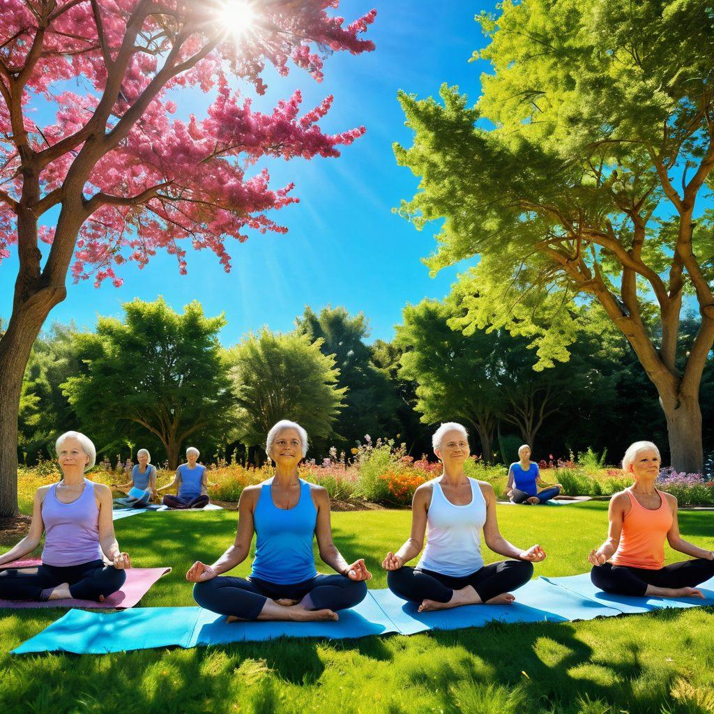 A serene landscape featuring a diverse group of cancer survivors engaging in various holistic activities, such as yoga, gardening, and meditation, symbolizing resilience and healing. Integrate vibrant colors to evoke positivity and hope, with a backdrop of flowering trees and a clear blue sky. Include subtle representations of innovative therapies like medical devices in the foreground. Illustrate the theme of transformation through light and movement. super-realistic. vibrant colors. sunshine effect.