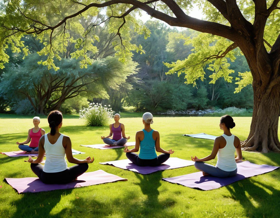 A serene scene depicting a diverse group of cancer survivors engaging in various holistic lifestyle activities, such as practicing yoga in a sunlit park, preparing healthy meals together, and meditating under a tree. The background should feature blooming flowers and a gentle stream to convey tranquility and hope. Include vibrant, uplifting colors to evoke positivity and support. super-realistic. vibrant colors. natural setting.
