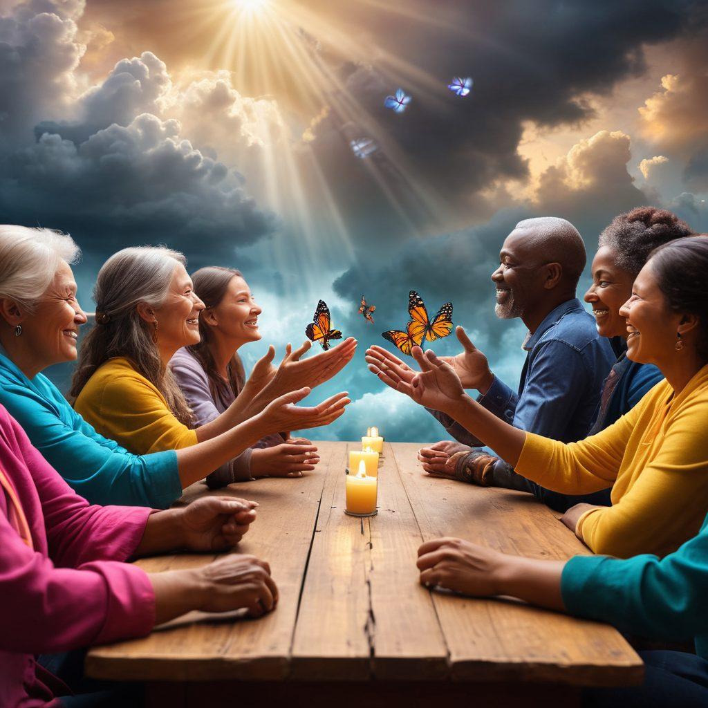 A diverse group of survivors passionately engaged in a community support meeting, with smiles and hope in their eyes. In the background, symbolic imagery of transformation such as butterflies, light breaking through dark clouds, and hands joined in a supportive gesture. The scene is vibrant, showcasing different cultures and ages, illustrating unity in the journey from awareness to action. surrealism. vibrant colors. soft focus.
